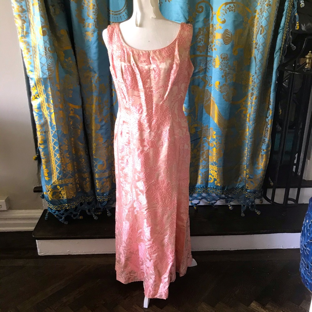 Vintage pretty in pink brocade bead maxi gown